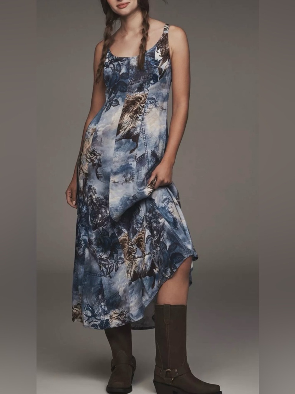 Anthropologie Blue Floral-Print Backless Midi Dress